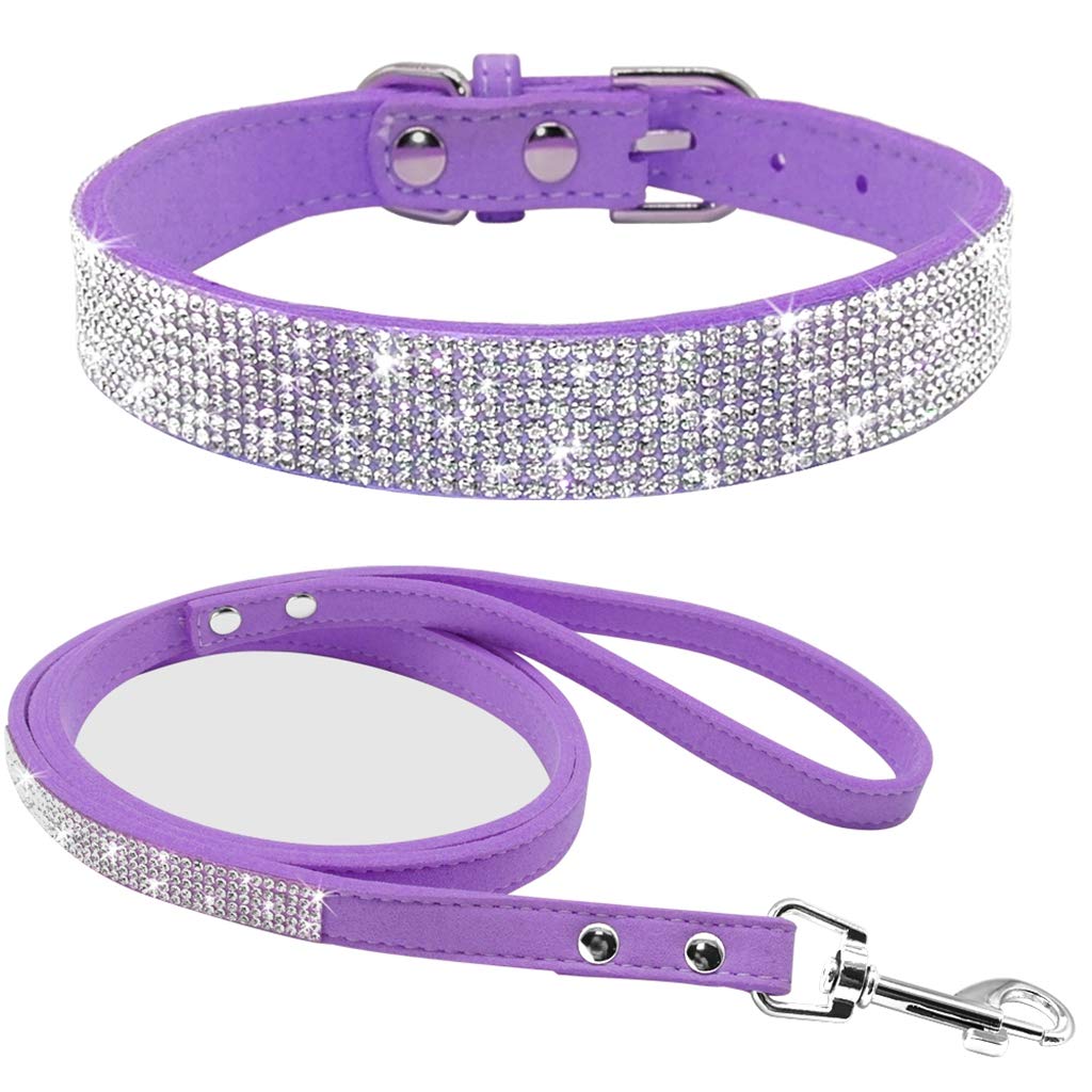 TELEYI Rhinestone Bling Leather Dog Cat Collar & Leash Set Crystal Diamonds Studded Cute Bowknot Puppy Small Dogs Collar Puppy Leash