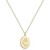 Fremttly Oval Coin Pendant Necklace 12 Month Birth Flower Disc Necklace 14K Gold Plated Dainty Personalized Gift