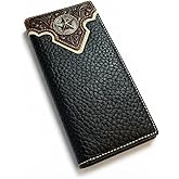 Western Stakes Long Leather Wallet – Lone Star Concho – Tooled Inlay – Bi-Fold Rodeo Wallet for Men – Genuine Western Leather Wallet