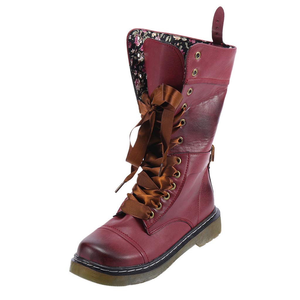 Classic Retro Boots for Women Ladies, Mid-Calf Brogue Biker Boots, Vintage Rivets Leather Round Toe Lace-Up Riding Boots, Size 3-7 UK Red