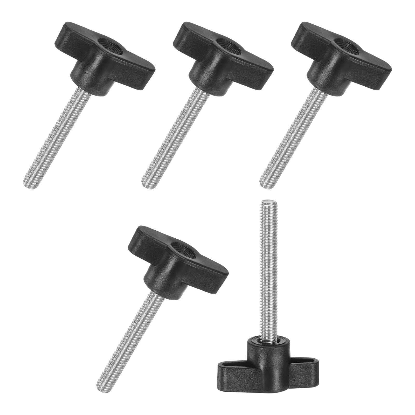 M METERXITY 5-Pack Thumb Screws, M6x45mm Tee Wing Knobs, T Shaped Handle Clamping Screw Knob for Woodworking/Machinery/Equipment, Metric Thread Thumbscrew [304 Stainless Steel, Black]