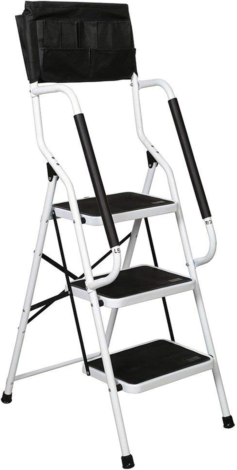 charaHOME 3 Step Ladder Step Stool 500 lb Capacity Folding Portable Ladder Steel Frame with Safety Side Handrails Non-Slip Wide Pedal Kitchen and Home Stepladder with Attachable Tool Bag - - 