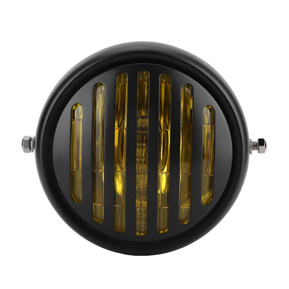 KIMISS Motorcycle Headlight 12V 35W Retro Motorbike Front LED Headlamp 5.75 Inch Motorcycle Head Light Lamp Grill Cover Universal(Black Shell Yellow Lens) + phare moto vintage