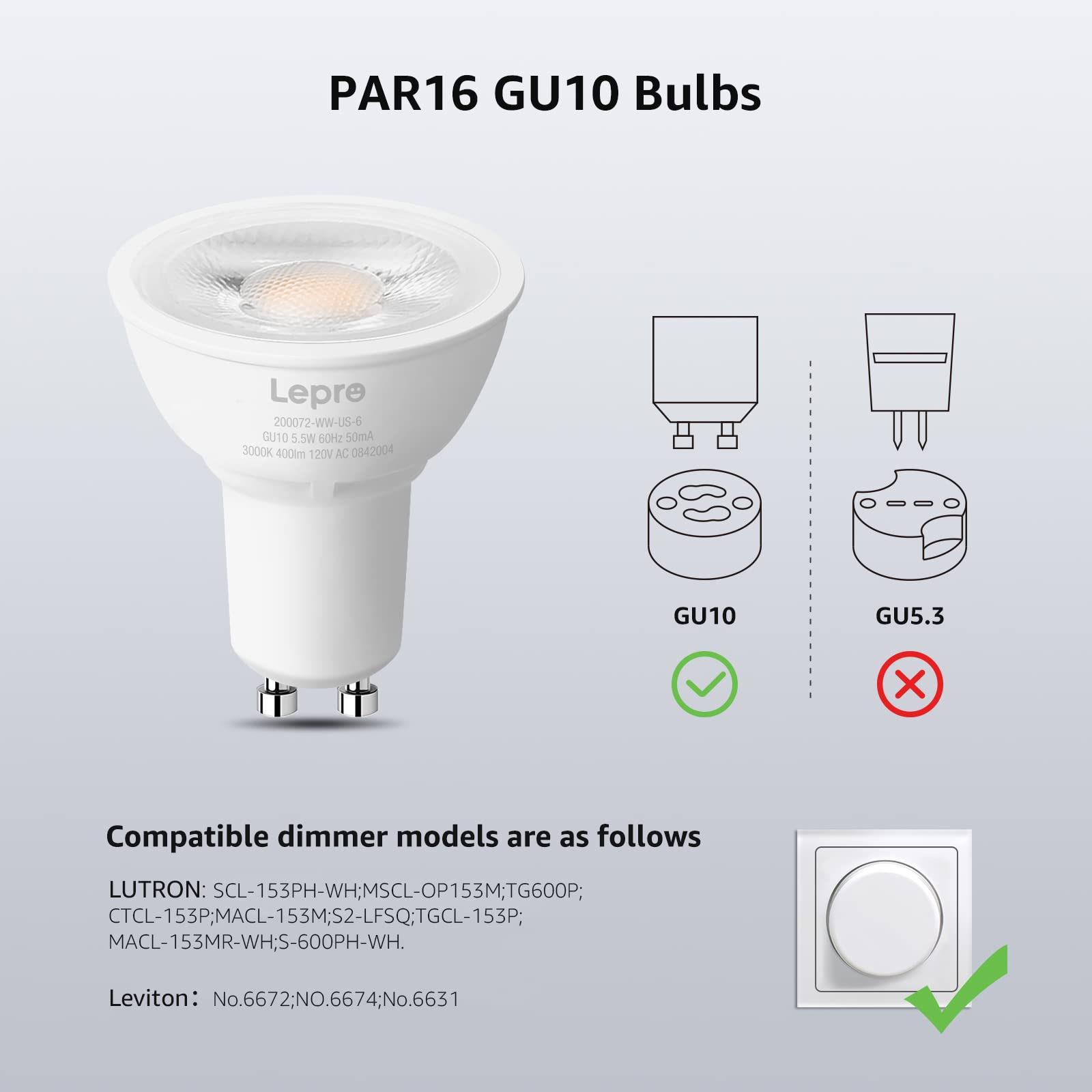 Lepro GU10 LED Bulb Dimmable, 50W Halogen Equivalent Light Bulbs, 5.5W 5000K Daylight White Replacement for Recessed Track Lighting, 40°Spotlight for Kitchen Range Hood Living Room & Bedroom, 6 Pack