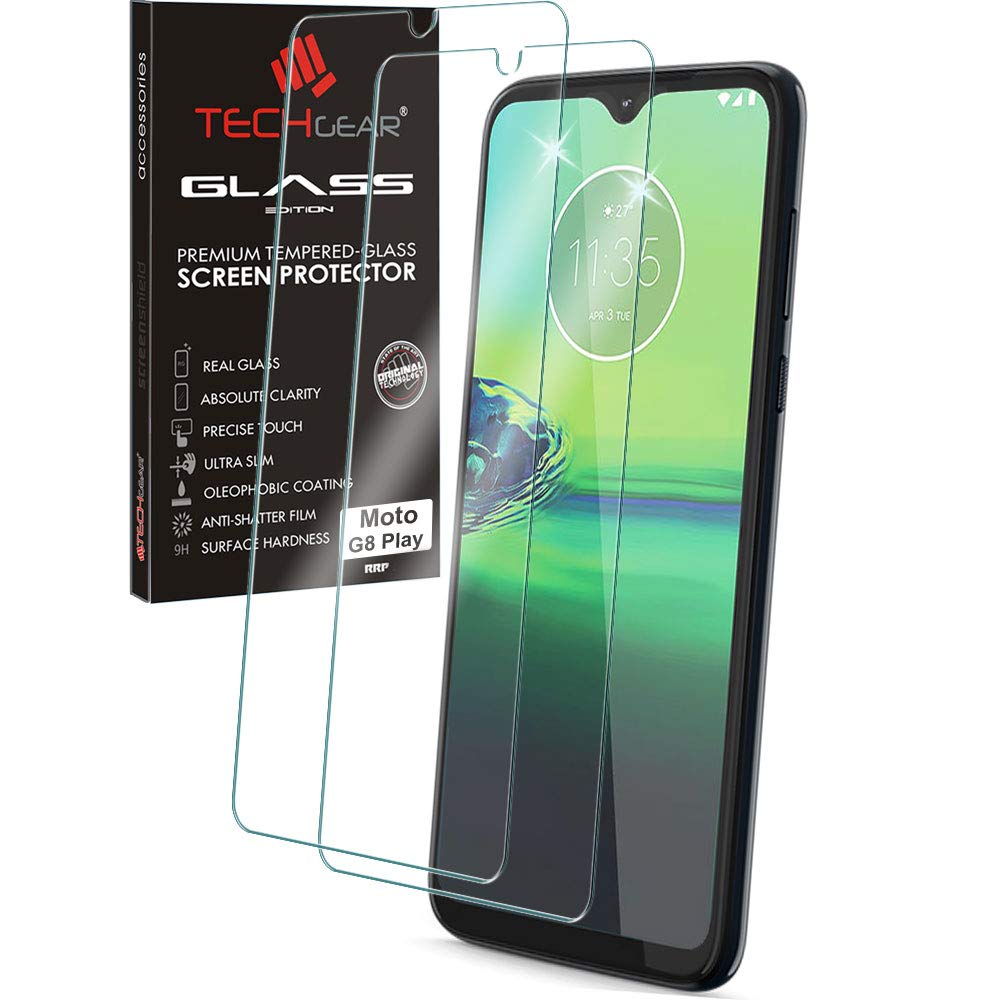TECHGEAR [2 Pack GLASS Edition for Motorola Moto G8 Play, Genuine Tempered Glass Screen Protectors Covers [2.5D Round Edge] [9H Hardness] [Crystal Clarity] [Scratch-Resistant] [No-Bubble]
