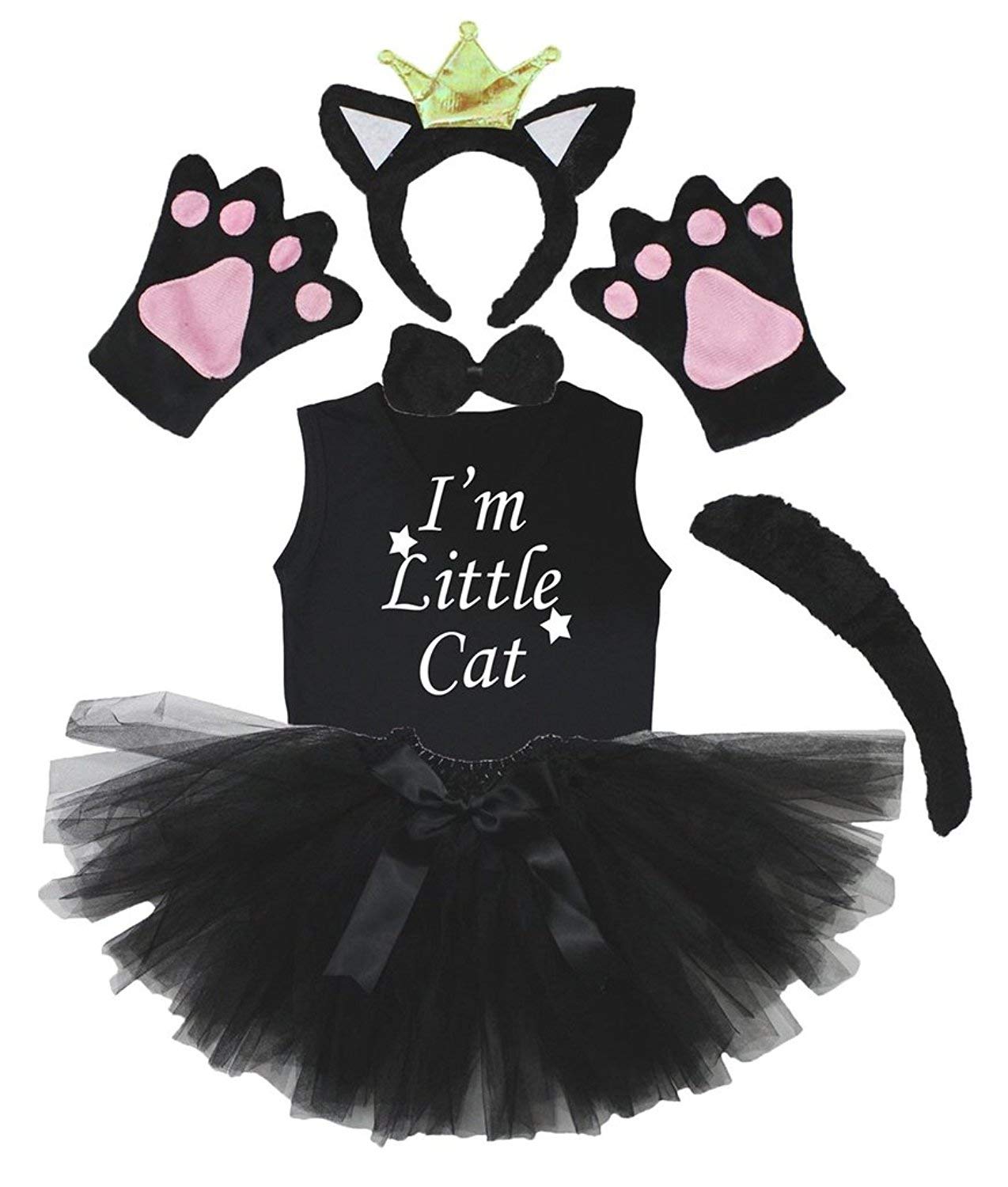 Petitebelle Crown Headband Bowtie Tail Gloves Shirt Skirt 6pc Girl Costume 1-8y (Black Cat, 1-2 Years)