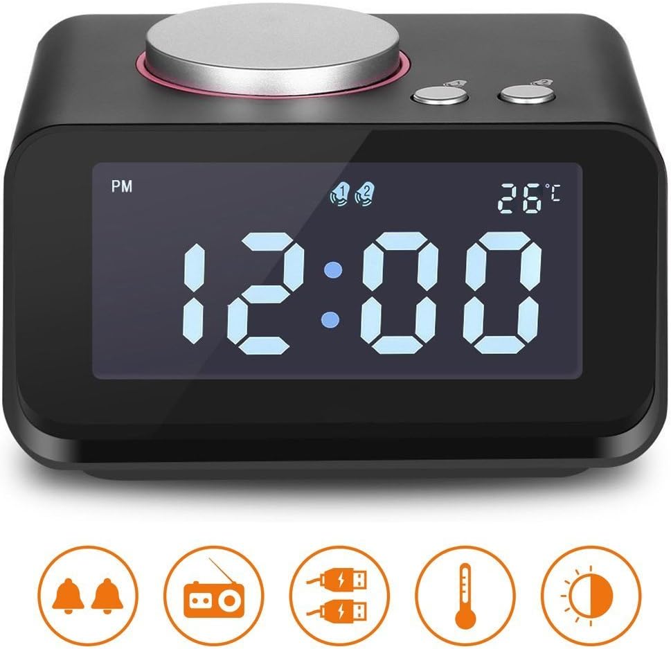 Hetyre Digital Alarm Clock with 3.2”LED Display FM Radio AUX-in Speaker Indoor Thermometer 2 USB Charger Port Snooze and Dual Alarm for Bedroom (Black)
