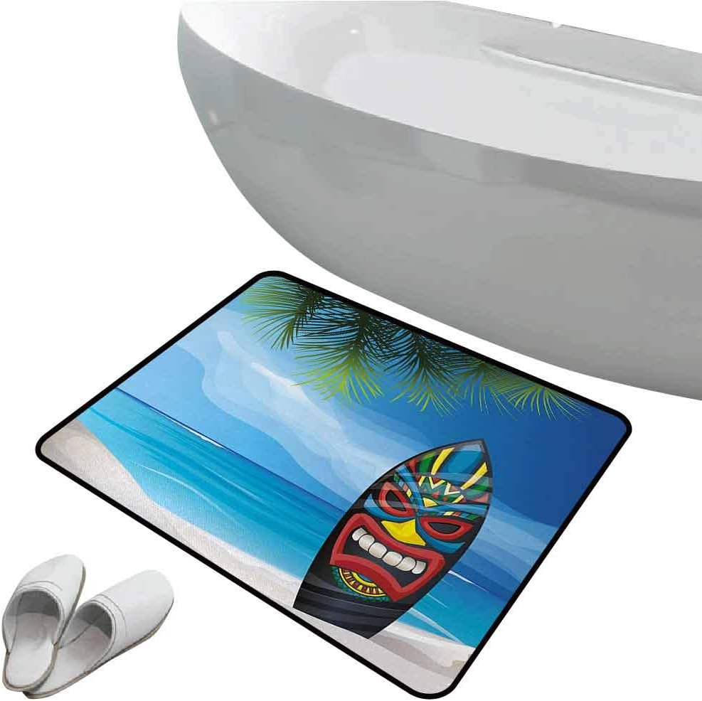 Jktown Tiki Bar Indoor Doormat Washable Indoor 15.7"x23.6" Tiki Warrior Mask Design Surfboard on Ocean Beach Abstract Landscape Surf Print