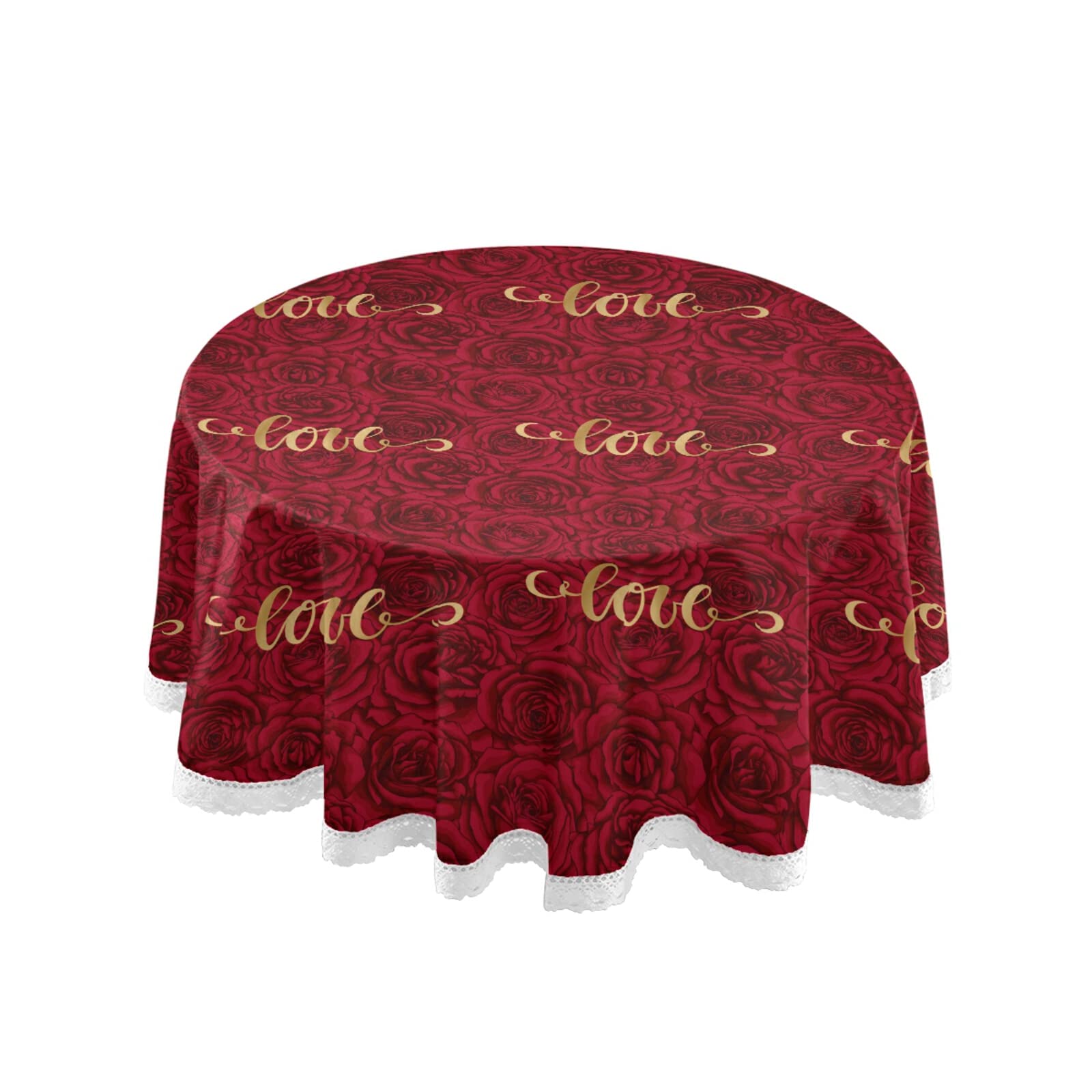 Mnsruu Valentine's Day Tablecloths Round, Happy Valentine's Day Love On Romantic Rose Decorative Table Cloth Table Cover for Circular Table Dining Decorative for Holiday Home Christmas Party Picnic