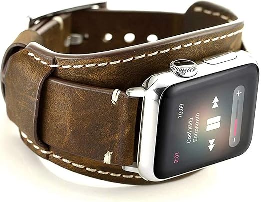Amazon Com Sjiangqiao Compatible With Apple Watch Bands 44mm 42mm Genuine Leather Crazy Horse Cuff Strap Sport Wristband Belt Compatible For Iwatch Series 6 5 4 3 2 1 Se For Men Women Coffee 44 42mm