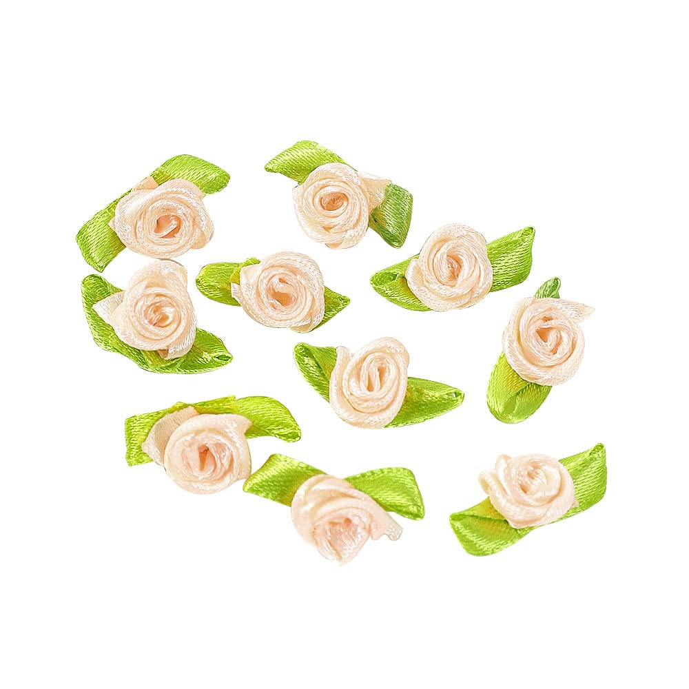 Pack of 100 mini Artificial Flowers Rose Heads,Bow Roses with Leaf,Rose Flower Heads Flower Heads for Crafts,Flower Appliquations,Confetti Decoration for DIY Crafts,Garland Scrapbooking,Beige