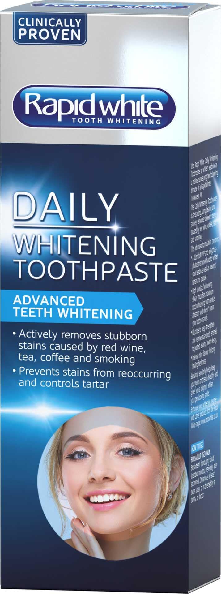 Rapid White Daily White Toothpaste 100ml | Fast-Acting and Long Lasting for Stubborn Stain Removal | Intense Mint Flavour for Lasting Freshness | Contains Fluoride to Protect Against Tooth Decay