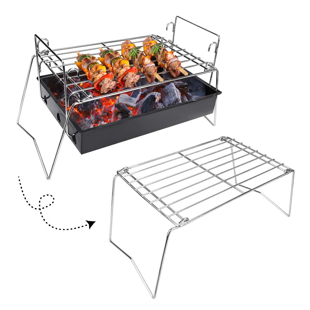 Laelr BBQ Grill Portable Camping Grill Grates Folding Campfire Charcoal Grill Compact Barbecue Grilling Basket Rack Stainless Steel Grids Grill With Charcoal Brazier, 12.6 * 8.6in