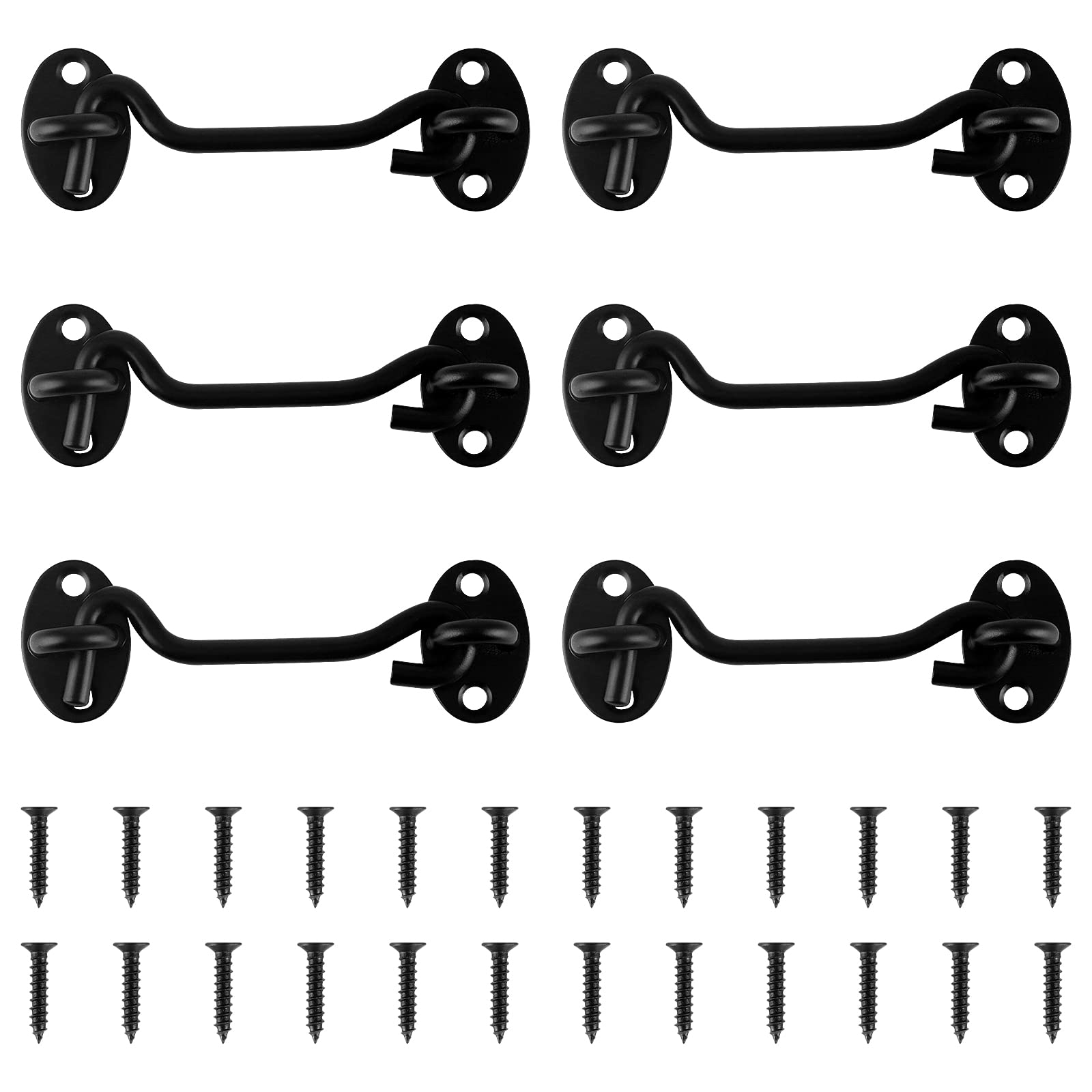 ZEONHEI 6 x 100 mm Storm Hooks, Cabin Hooks, Stainless Steel, Door Hook Clasp with Eyelet, Door Hooks, Window Latch with 24 Screws for Windows, Doors, Cupboards, Black