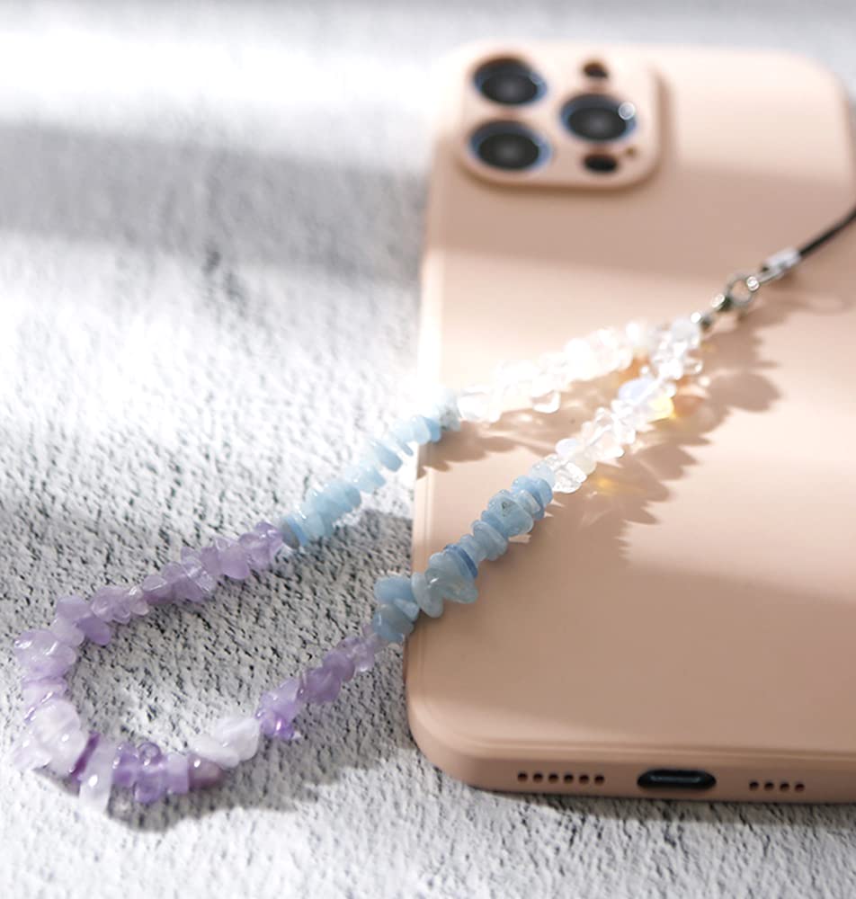 Gradient Natural Crystal Stone Gravel Mobile Phone Chain,Universal Mobile Phone Hand Strap Mobile Phone Charm Wrist Mobile Phone Lanyard Beads Chain Key Bags Mobile Phone Pendant,Purple