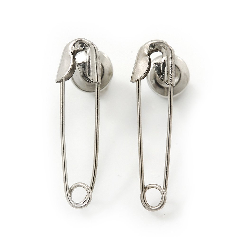Small Silver Tone Safety Pin Stud Earrings 15mm Length