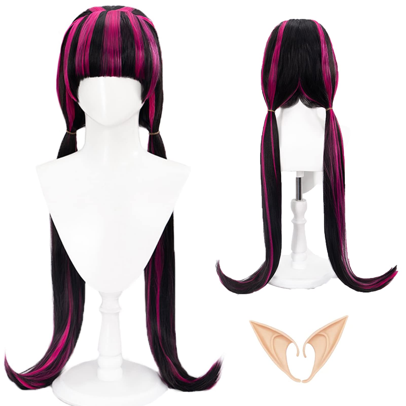 Black Mixed Pink Cosplay Wig with Bangs, Elf Ears and Free Wig Cap - 80cm Heat Resistant Synthetic Fiber Wig for Halloween, Theme Parties and Anime Fans — image 1