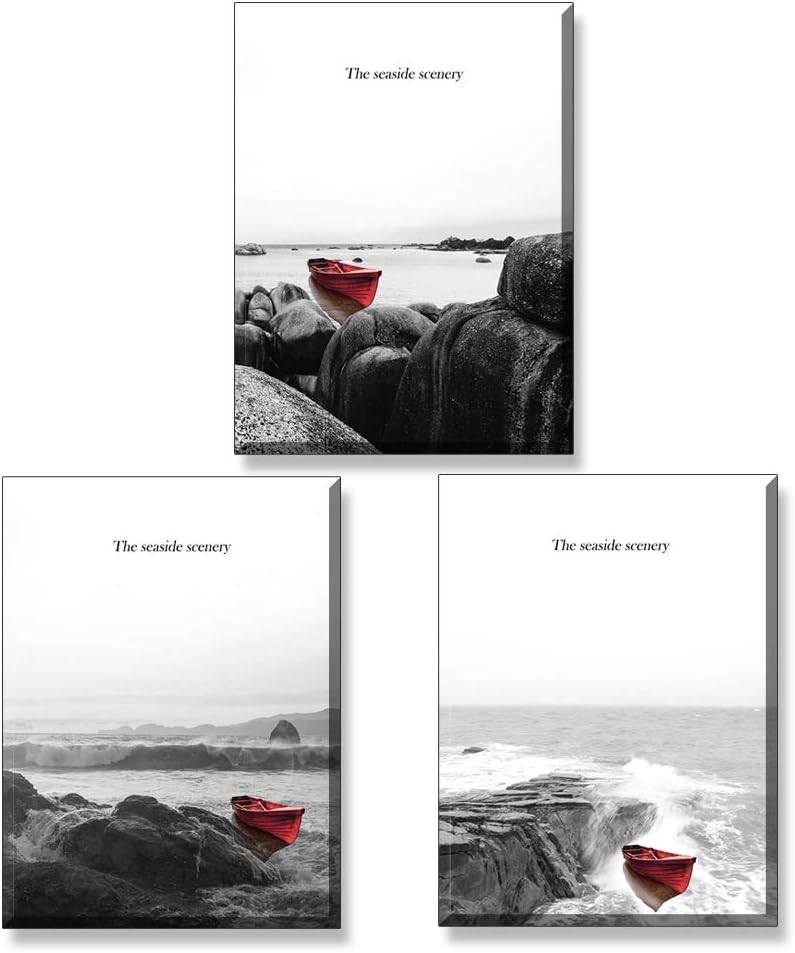 Piy Painting 3 Pieces Modern Canvas Painting Wall Art For Home Decoration Landscape of Seacoast Red Boat on the Sea in Winter Scenery Print On Canvas Artwork Stretched and Framed For Room Gift 30x40cm