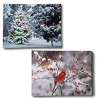 BANBERRY DESIGNS Winter Cardinals Canvas - Set of 2 Lighted Canvas Prints with Wintry Forest Scene with Cardinals - Christmas Wall Art