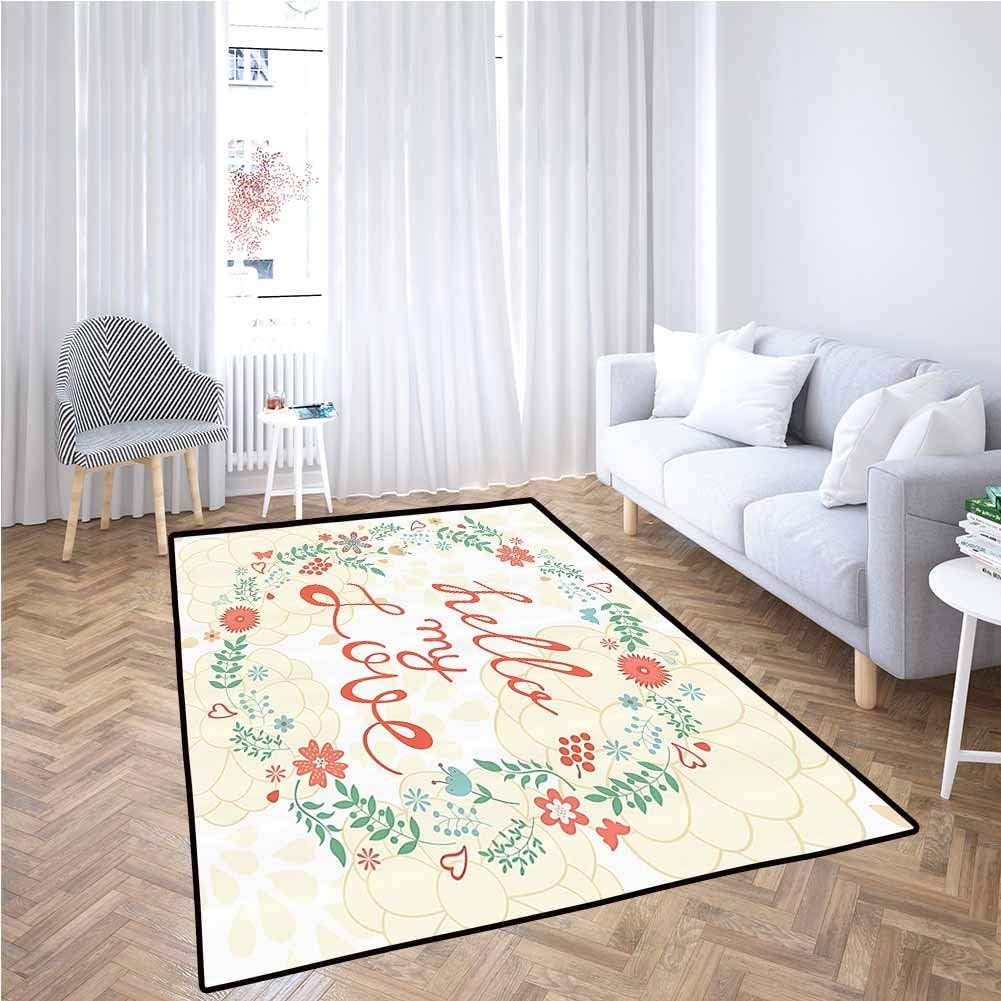 Hello My Love Classroom Rug Chrysanthemum Floral Bouquet Home Modern Art Sample Designer Artwork Quote Teen Girls Feminine Print Easy to Clean Carpet,5' x 8', Ivory Coral Green