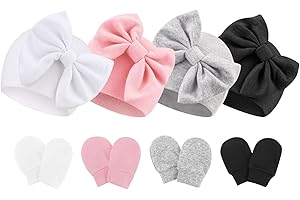 DRESHOW BQUBO Newborn Baby Hats Mittens Set Hospital Hat Beanie Infant Bow Hats Baby Gloves No Scratch Mittens for 0-6 Months