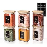 Comsaf Spice Jars with Label，8 oz Small Glass Jars with Lids, 6 Pcs Seasoning Containers, Rectangle Glass Containers with Lids, Empty Seasoning Jars for Pantry Storage, Loose Tea, Herbs, Powders, Salt