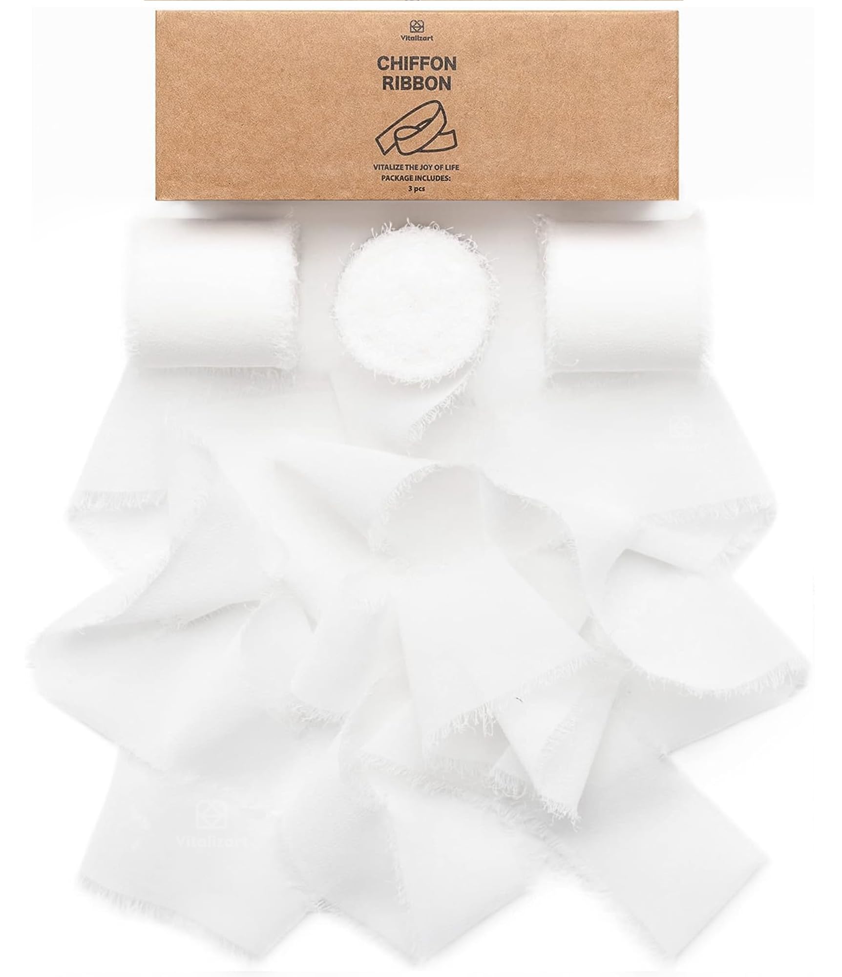 Vitalizart White Chiffon Ribbon 1.5'' x 21 Yd, Fabric Silky Ribbons 3 Rolls 1.5'' x 7 Yd, Handmade Fringe for Wedding Invitation, Bridal Bouquet, Gift Wrapping, Holiday Decoration, DIY Craft