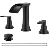 HURRAN Waterfall Bathroom Faucet, Matte Black, 2 Handle 3 Hole, 8 inch | Ultra-Thin Open-Channel Waterfall Spout with Pop-Up Drain &amp; Hoses, Anti-Splash Wide Flow, Fits Vanity, Sink, RV, Lavatory