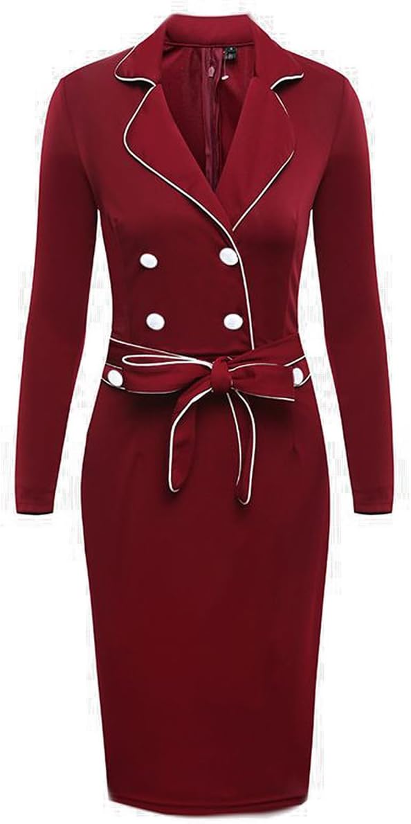 Honwenle Women's Vintage Lapel Double-Breasted Bodycon Pencil Dress with Belt