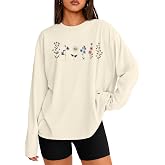 Eatbook Oversized Long Sleeve Shirts for Women Floral Graphic Vintage Tees | Women Oversized Graphic Tshirts Long Sleeves Flower Print Shirt,Retro Casual Loose Fit Fall and Winter Fashion Clothing