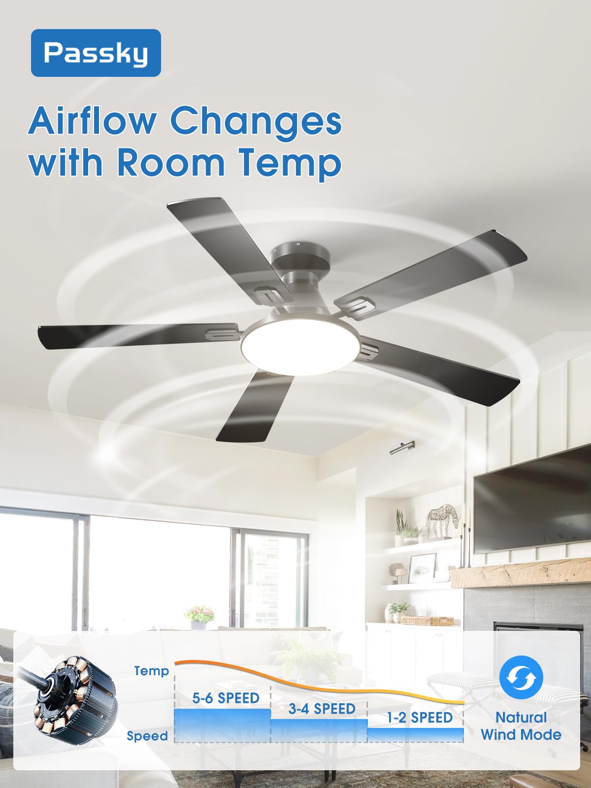 Passky Ceiling Fans with Lights, 52 inch Sleek Ceiling Fan with Light and Remote Control, 3CCT, Dimmable, Reversible, Noiseless, Black Ceiling Fan for Bedroom, Living Room