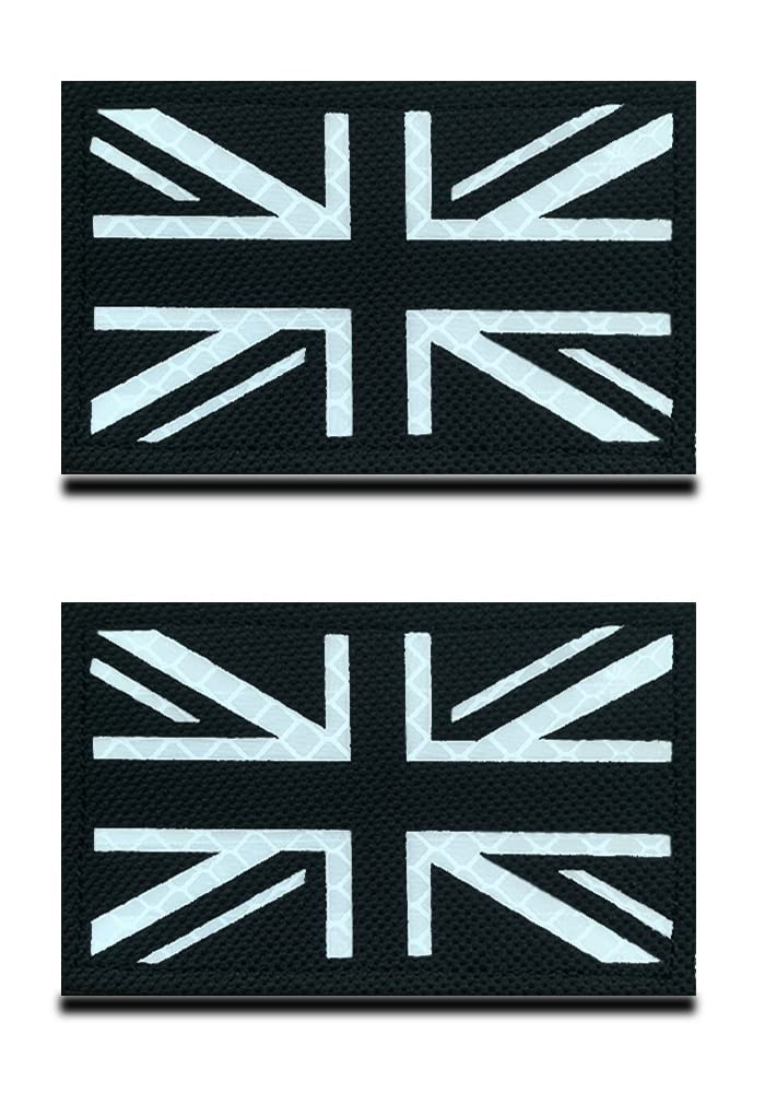 2 Pcs Reflective Great British Union United Kingdom UK Patch Infrared IR National Morale Badge Tactical Military Army Uniform Fastener Emblem for Backpack Hat Jacket Vest Biker Travel (Black)