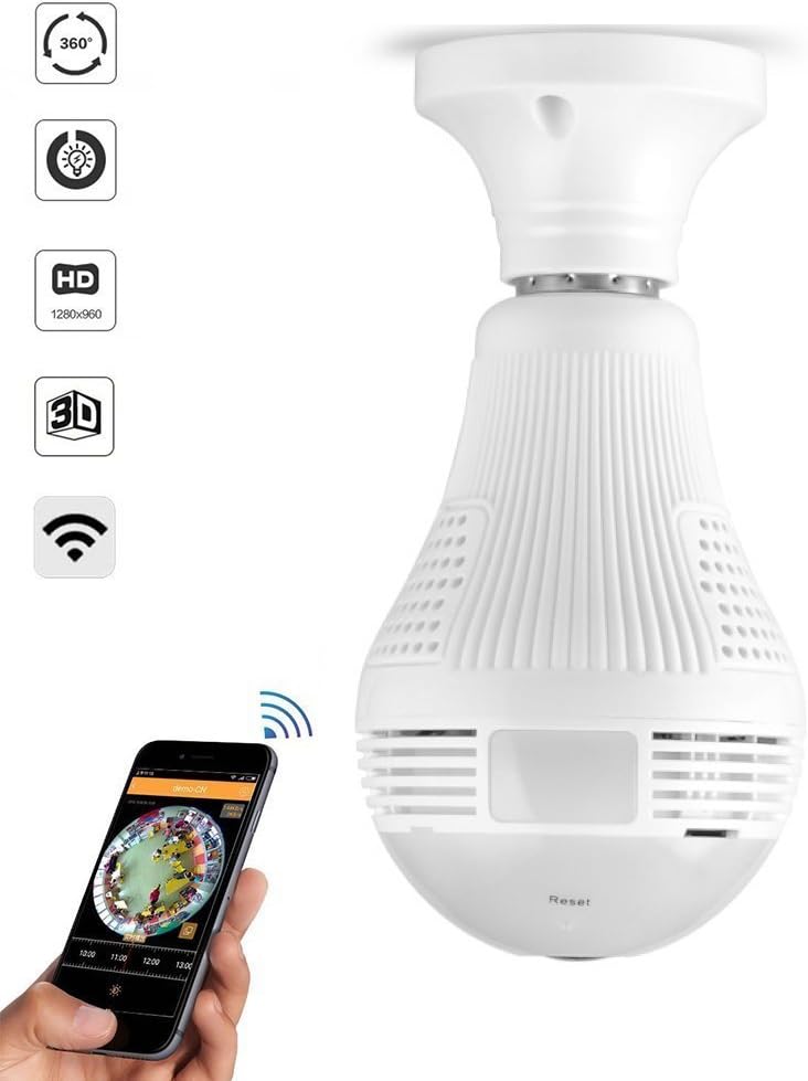 VOCA 360 Degree Fisheye Lens 960P HD Wireless WiFi IP Camera LED Bulb Cam Hidden Spy Panoramic view with Real Time Monitoring Two Way Audio Home Security Surveillance Lamp