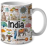Lotacy India Symbols Colorful Coffee Mug, Ceramic 11 oz, Souvenirs and Gifts, Gift Idea for Indian Men and Women