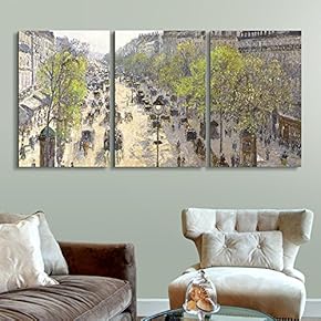 3 Panel World Famous Painting Reproduction on Canvas Wall Art - Boulevard Montmartre, Spring by Camille Pissarro - Modern Home Art Ready to Hang - 16"x24" x 3 Panels