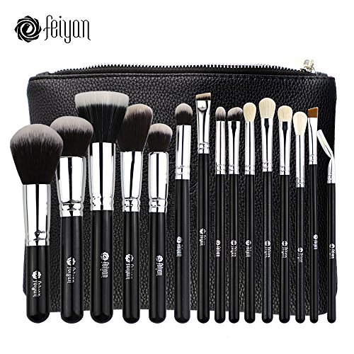 FEIYAN Makeup Brushes Premium Makeup Brush Set Natural Goat Synthetic Cosmetics Kabuki Foundation Blending Blush Face Eyeshadow Eyeliner Concealer Powder Brush Kit with Pouch (15 pcs, Silver Black)