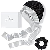 LaCourse Anti-Slip 100% Real Mulberry Silk Bonnet with Silk Scrunchy for Sleeping Women, Large Double-Layered Silk Hair Wrap for Curly Hair (Black+Silver)