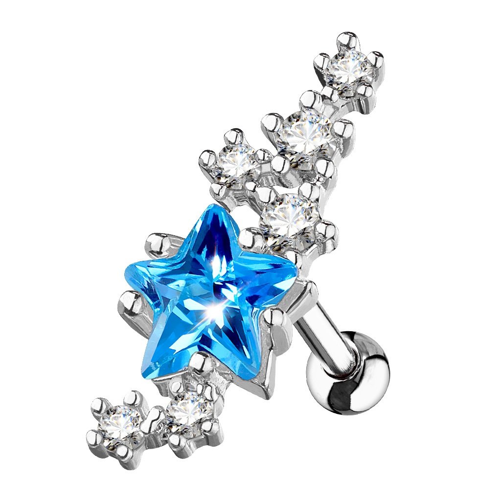 PiercedOff 316L Surgical Steel Star 1.2mm Cartilage Barbell With Aqua CZ Gems - Bar Length 6mm