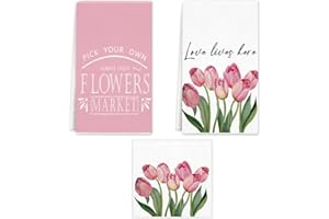 Rumkim Tulip Flowers Kitchen Towels Dish Towels, 16x24 inch Spring Pink Floral Hand Towels, Decorative Drying Dishcloth for M