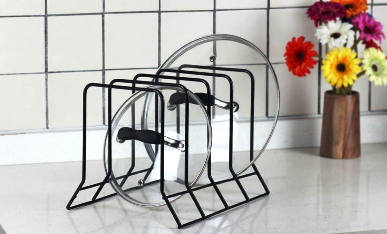 INDIAN DECOR - Black Kitchen Bakeware Pot Lid Rack Holder Organize/Dish Racks/Kitchen Utensil Rack/Dish Holder/Plates Storage/Kitchen Shelf (Black)
