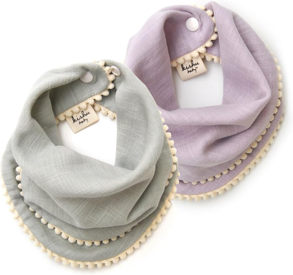 kishu baby Girl Bibs 2-pk Sage and Lavender Pom Pom Bib Gift Set for Girls, Multicolor, One Size