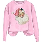 MYCHTE Retro Pink Santa Christmas Sweatshirt Women Vintage Santa Claus Graphic Tee Casual Long Sleeve Xmas Pullover Top