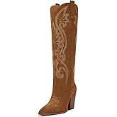 ISNOM Womens Cowboy Knee High Boots Cowgirl Boots Western Boots with Embroidered Pointed Toe Chunky Heel Slip on Retro Tall Boots
