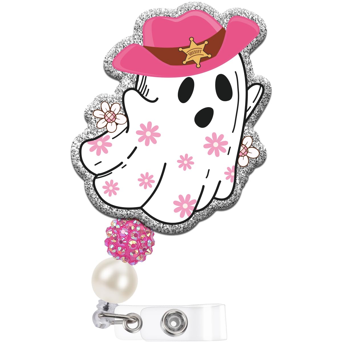 Photo 1 of ***MAJOR DAMAGE*** ***READ CLERK NOTES*** Halloween Badge Reel Cowgirl Ghost - Western Pink Ghost Retractable ID Badge Holder with Alligator Clip Acrylic Glitter Beads for Nurse Nursing Medical Student Teacher Office Name Card Reels Gifts