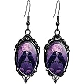 Gothic Halloween Cameo Earrings,Vintage Crystal Glass Witch/Raven/Bat/Tree Dangle Earrings Punk Style Dark Earring Goth Victorian Earring Halloween Jewelry for Women