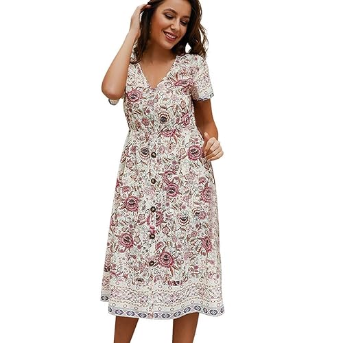 2019 Hot Women's Floral Printed Dress Short Sleeve V-Neck Boho