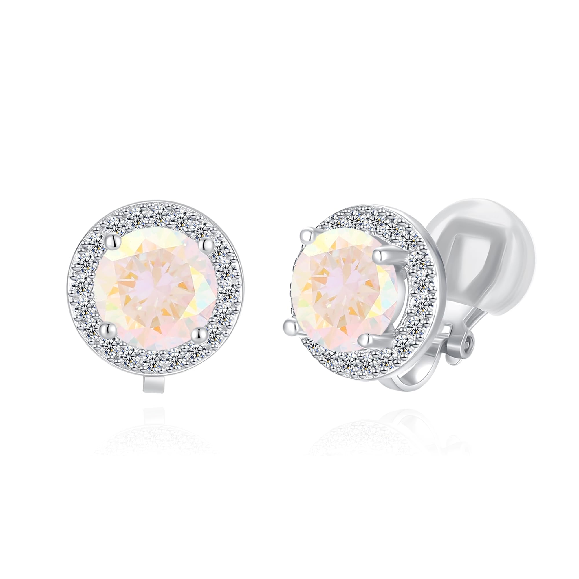 QUKE 8mm AB Color Cubic Zirconia Crystal Round Clip On Earrings Non Pierced Jewellery Elegant Stud For Women Girls
