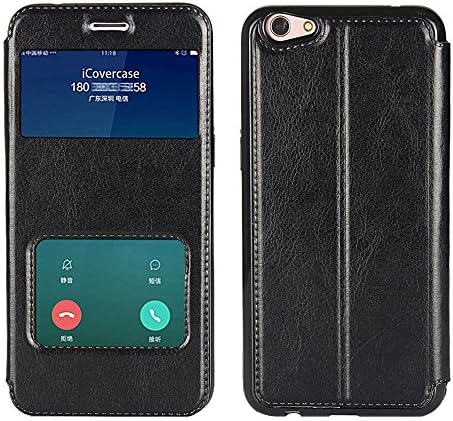 LUSHENG Case for OPPO R9s,Ultra Slim Fit [Clear Window View] Premium Leather Texture Skin Flip Cover Shockproof Case with Kickstand Feature - Black
