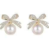 Pearl Bow Earrings for Women Christmas Bow Pearl Dangle Earrings Cute Bowknot Ribbon Stud Earrings Christmas Party Daily Jewelry Accessory
