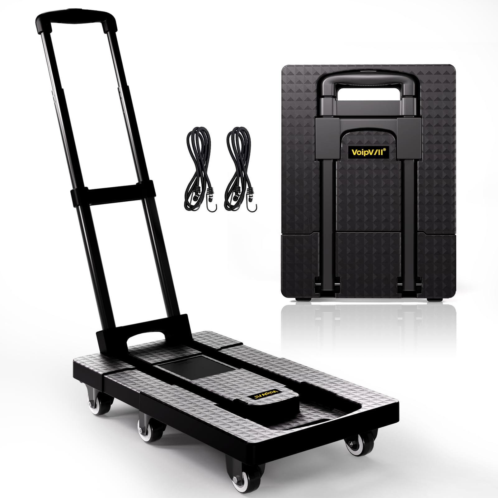 Photo 1 of Voipvvii Folding Hand Truck 500lbs, Portable Heavy Duty Dolly Cart, 6 Wheels Collapsible Luggage Cart with 2 Elastic Ropes - Compact Trolley Cart for Easy Moving - Ideal Hand Cart for Travel and More